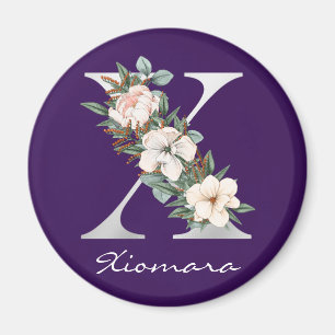 Aimant Élégant violet floral blanc métal X monogramme