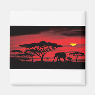 Aimant Eléphant africain et bébé avec coucher de soleil r
