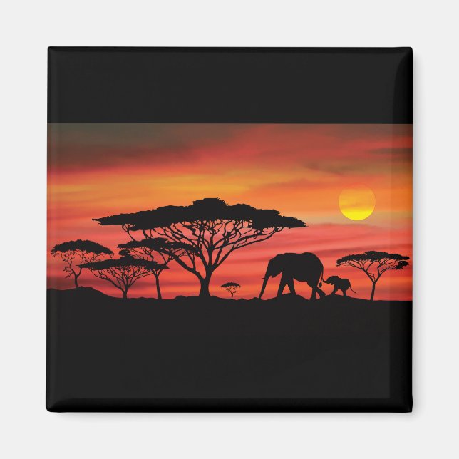 Aimant Éléphant et coucher de soleil orange sur la Sereng (Devant)