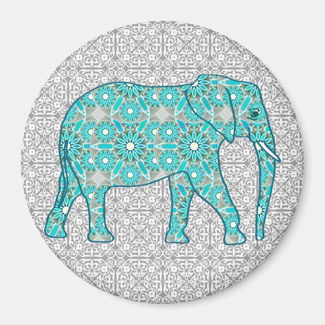Aimant Eléphant fleur Mandala - turquoise, gris & blanc (Devant)