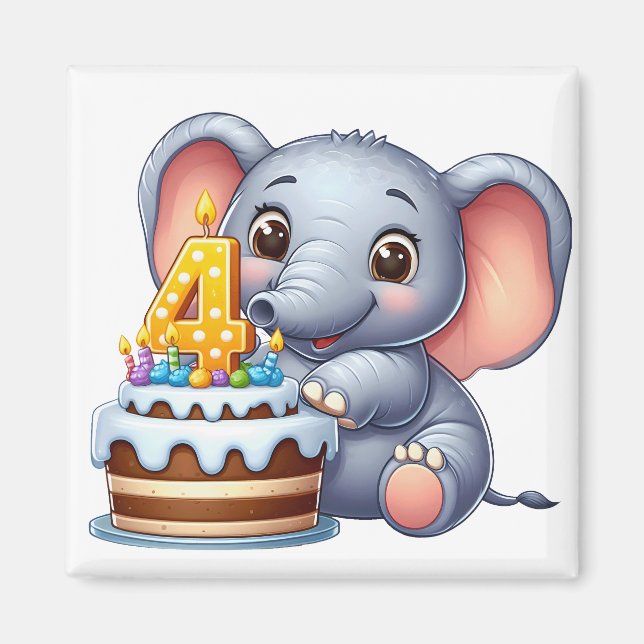 Aimant Éléphant Mignon 4ème Anniversaire (Devant)