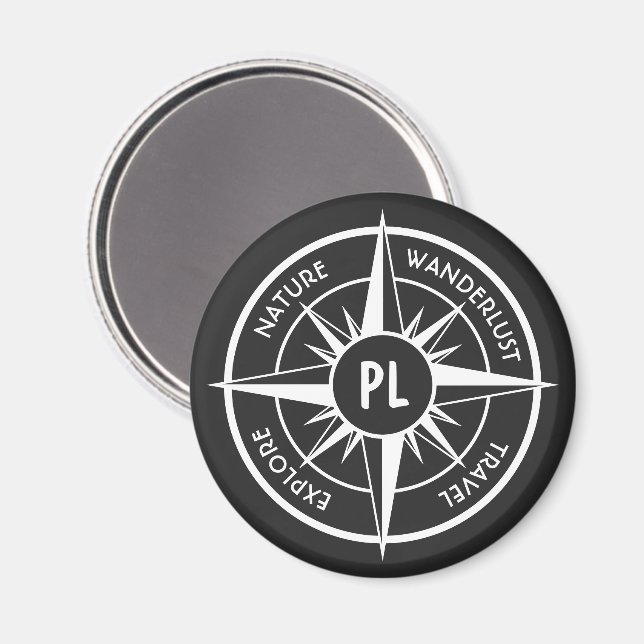 Aimant Emblème de monogramme d'étoile de boussole noir et (Recto/Verso)