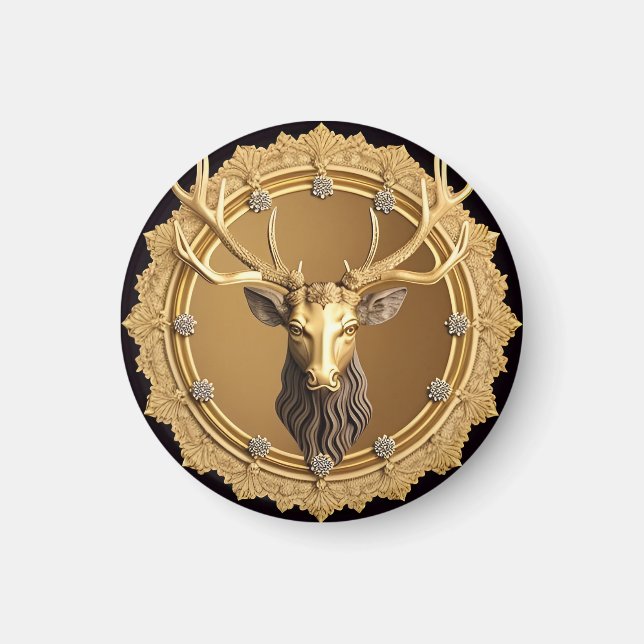 Aimant Emblème élégant de cerf doré avec cadre orné (Devant)