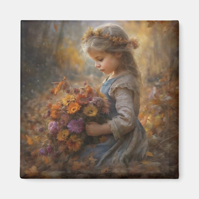 Aimant Enfant nostalgique de l'automne avec bouquet de fl (Devant)