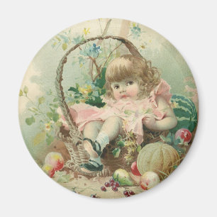 Aimant Enfant victorienne vintage, Fille Panier de fruits