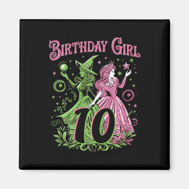 Aimant Enfants 10e Anniversaire Sorcière rose et vert 10  (Devant)