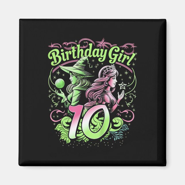 Aimant Enfants 10e Anniversaire Sorcière rose et vert 10  (Devant)
