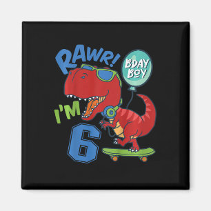 Aimant Enfants 6ème Anniversaire 6 Ans Garçon Rouge T-rex