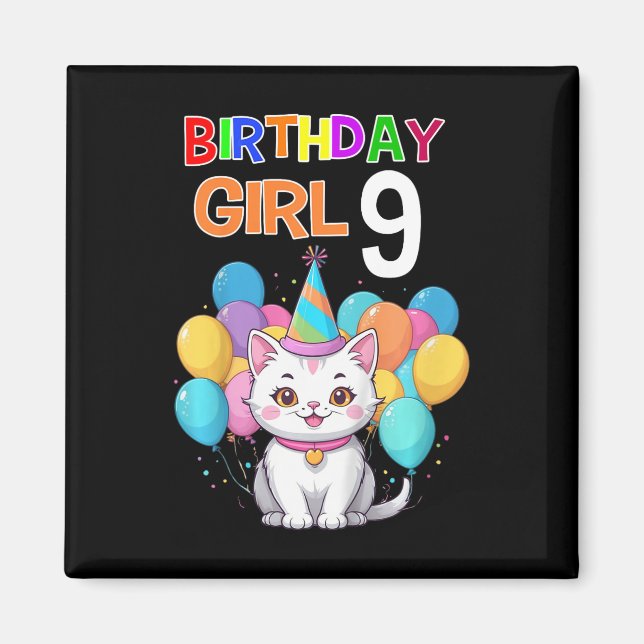 Aimant Enfants Chat Anniversaire 9 Anniversaire Fille 9e  (Devant)