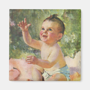 Aimant Enfants Vintage, Bébé Fille Mignon sur une Couvert