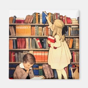 Aimant Enfants vintage lisant des livres de bibliothèque