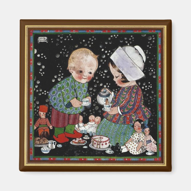Aimant Enfants vintages ayant une tasse de thé (Devant)