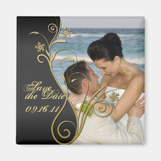 Aimant Enregistrer la date Classy Black & Gold Floral Mag