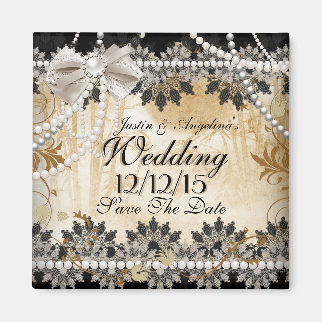 Aimant Enregistrer La Date Mariage Crème Noire Beige (Devant)