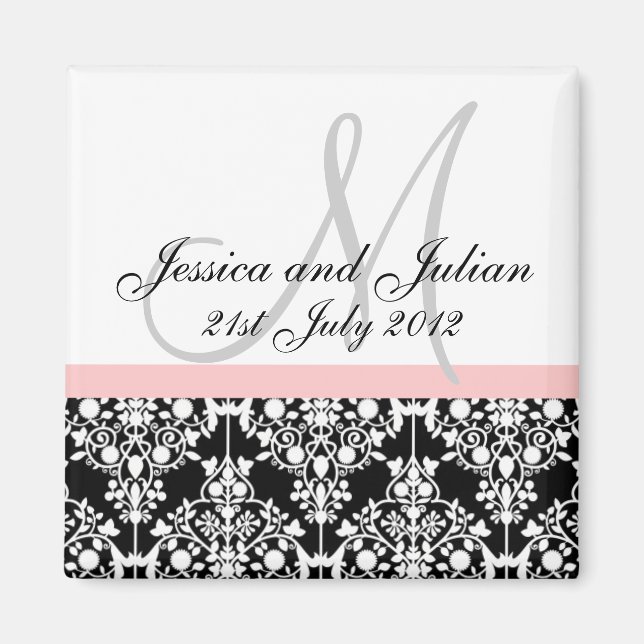 Aimant Enregistrer La Date Monogramme Noir/Rose Damask Tr (Devant)