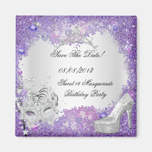 Aimant Enregistrer la date Sweet 16 Mascarade Violet Blan