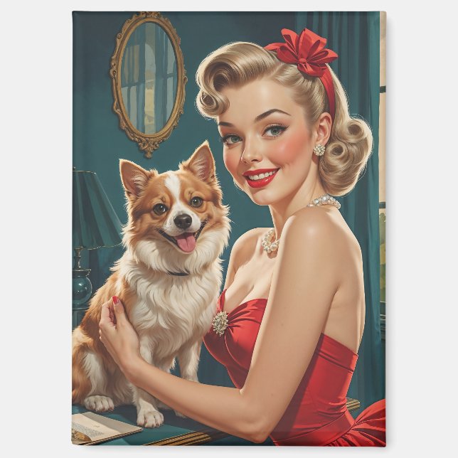 Aimant Épingle blonde souriante en robe rouge avec chien  (Recto)