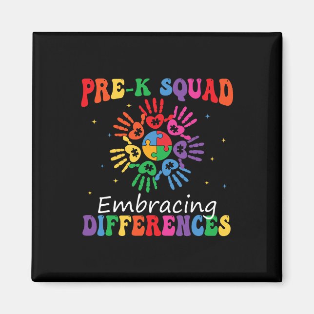 Aimant Équipe Pre K embrassant les différences Autisme En (Devant)