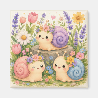 Aimant Escargots kawaii mignons avec des fleurs