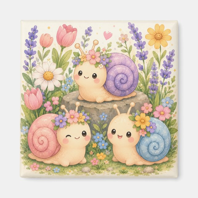Aimant Escargots kawaii mignons avec des fleurs (Devant)