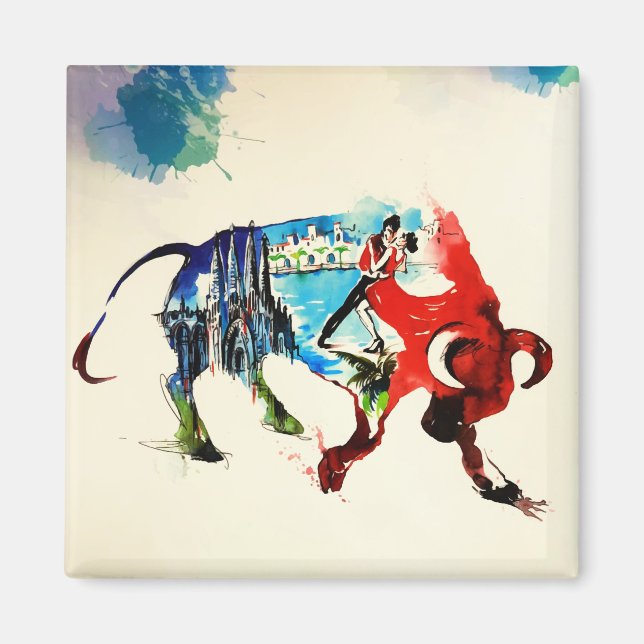 Aimant Espagne Bull Vintage voyage Love Aquarelle (Devant)