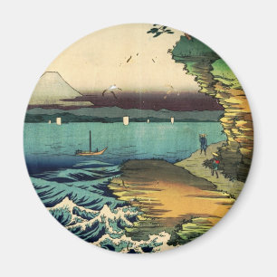 Aimant Estampe japonaise vintage Ukiyo-e Mt. Fuji 房州保田ノ海岸