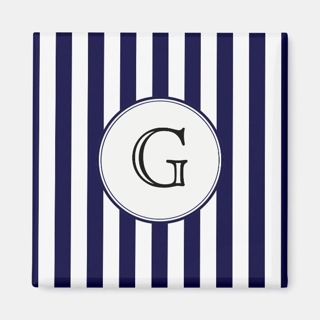 Aimant Étiquette de monogramme blanc bleu marine (Devant)