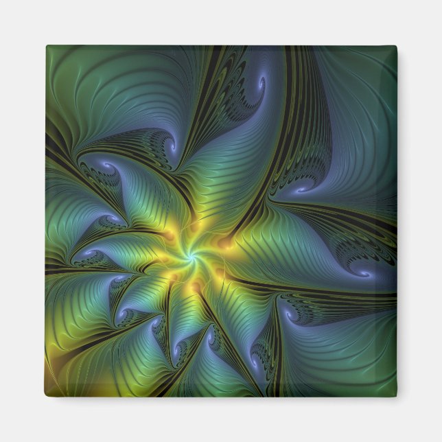 Aimant Etoile Abstraite, Bleu brillant Vert Or Fractal Ar (Devant)