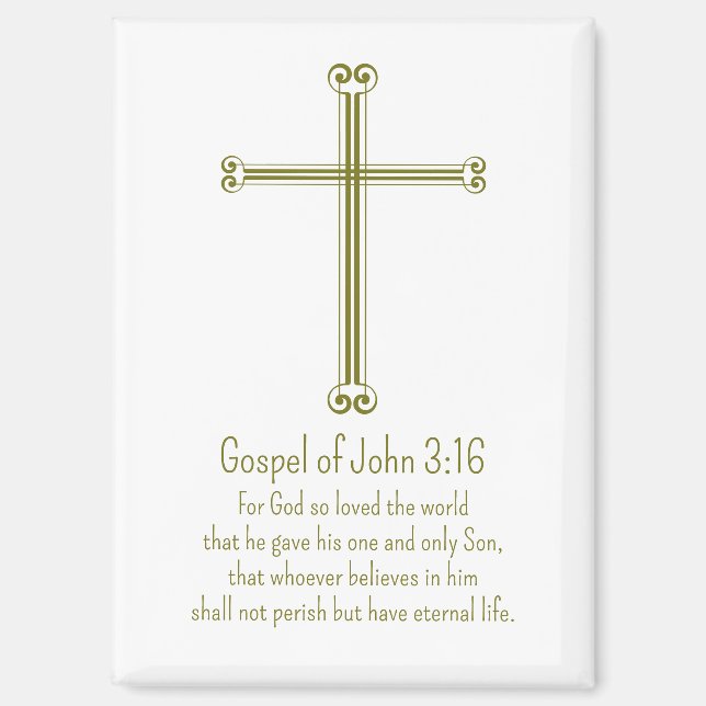 Aimant Évangile de Jean 3:16 Croix dorée simple blanche (Recto)