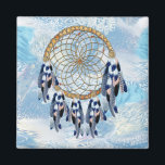 Aimant Exotic Blue Dream Catcher gifts<br><div class="desc">A dream catcher that includes the round circle of bamboo and red beads in the web with blue exotic-parrot bird tone feathers on a soft blues feather background</div>