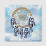 Aimant Exotic Blue Dream Catcher gifts<br><div class="desc">A dream catcher that includes the round circle of bamboo and red beads in the web with blue exotic-parrot bird tone feathers on a soft blues feather background</div>