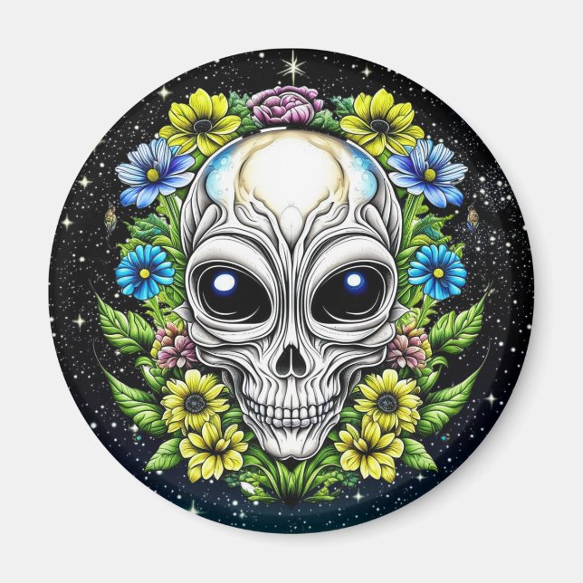 Aimant Extraterrestre Alien avec yeux et fleurs bleus (Devant)