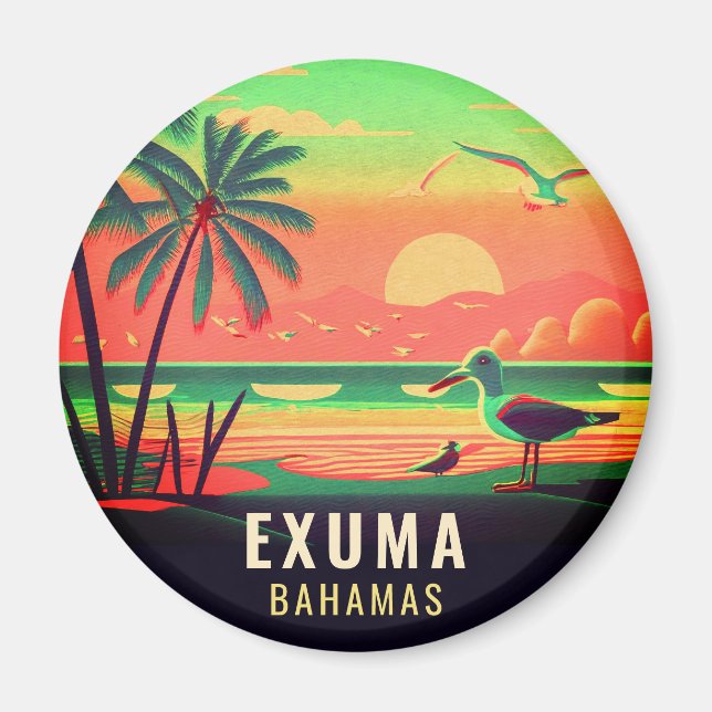 Aimant Exuma Bahamas Retro Sunset Seagull Souvenir 1950 (Devant)