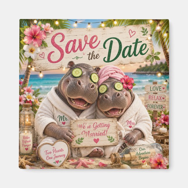 Aimant Faire-part de Couple d'Hippopotames Spa Tropical (Devant)