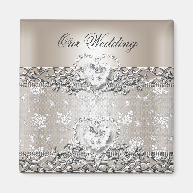 Aimant Faire-part de mariage élégant argent crème diamant (Devant)