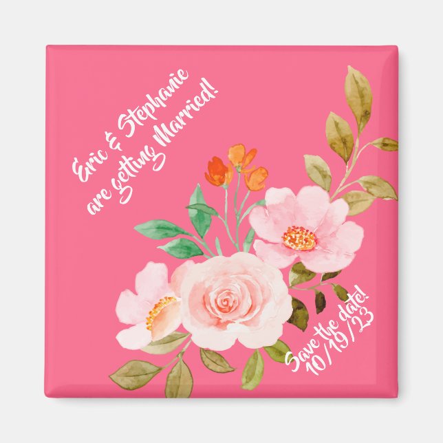 Aimant Faire-part de mariage fantaisie fleurs roses (Devant)
