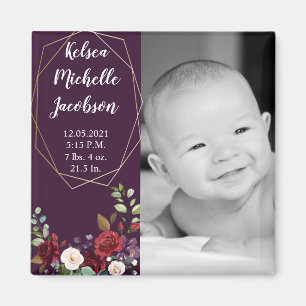 Aimant faire-part de naissance 2"x2" Plum violet Roses