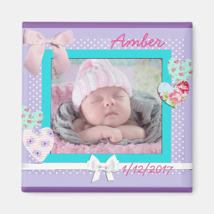 Aimant Faire-part de naissance avec photo de bébé violet 