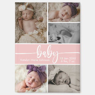 Aimant Faire-part de naissance bébé 5 photos collage rose
