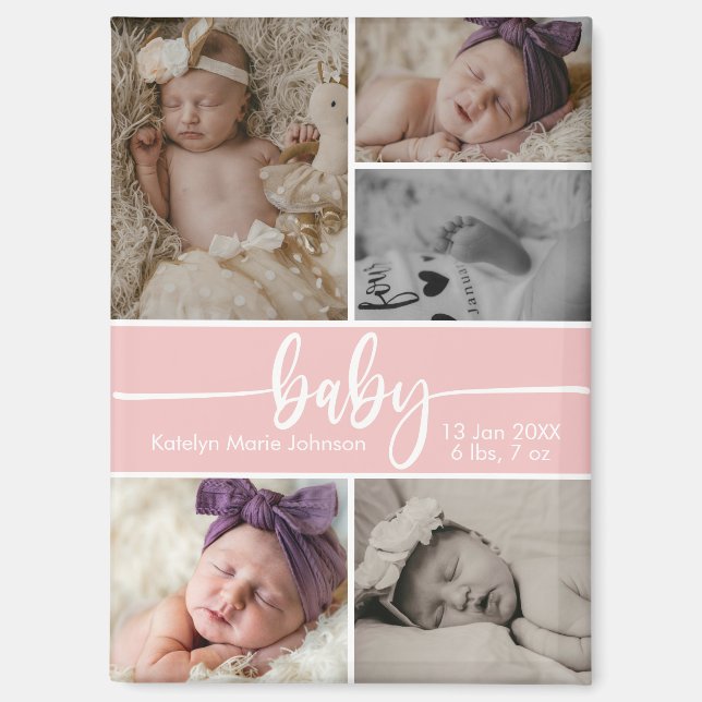 Aimant Faire-part de naissance bébé 5 photos collage rose (Recto)