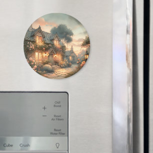 Aimant Fairytale Cottage au coucher du soleil avec Rose