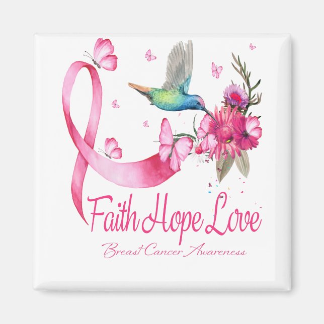 Aimant Faith Hope Love Hummingbird Ribbon Cancer du sein (Devant)