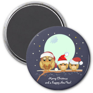 Aimant Famille Cute Owl avec chapeaux Santa & texte perso