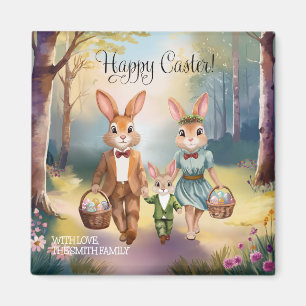 Aimant Famille de lapins de Pâques à la chasse aux oeufs 