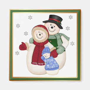 Aimant Famille givrée de bonhomme de neige - rose