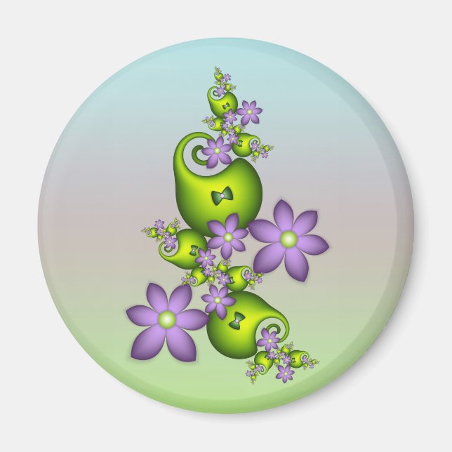 Aimant Fantaisie florale fleurs lilas formes vertes fract (Devant)