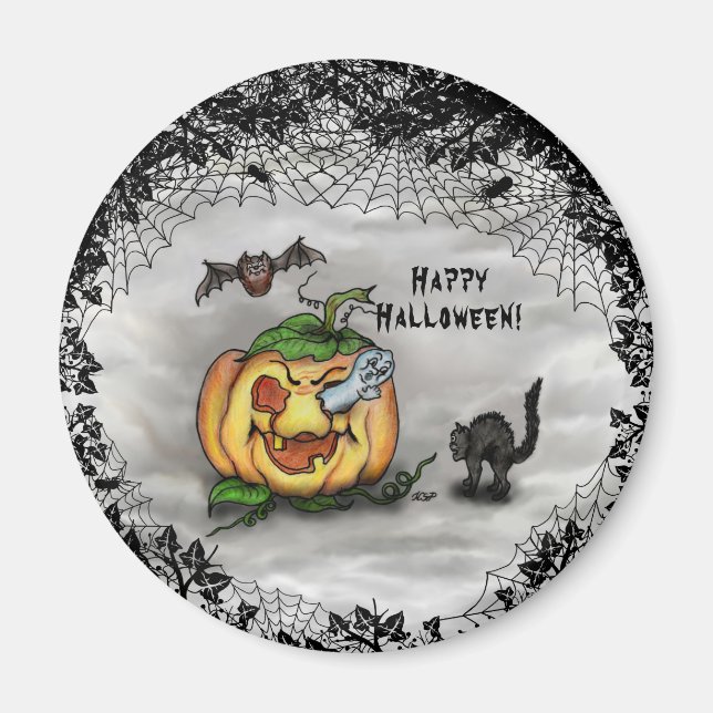 Aimant Fantôme, chauve-souris et chat, Bonne Halloween ! (Devant)