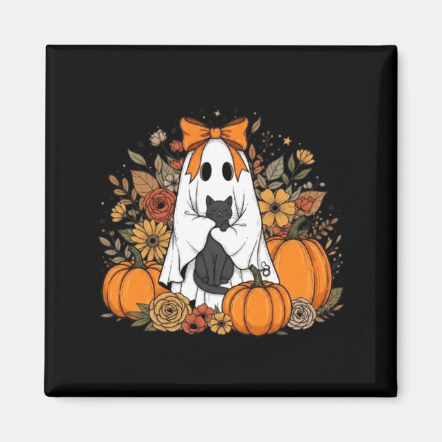 Aimant Fantôme d'Halloween tenant un chat noir floral gro (Devant)