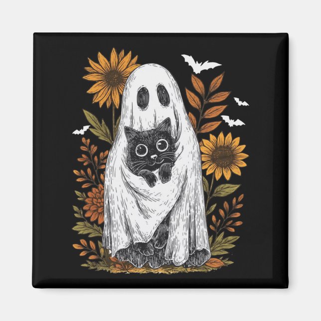 Aimant Fantôme drôle tenant chat noir Halloween Fantôme C (Devant)