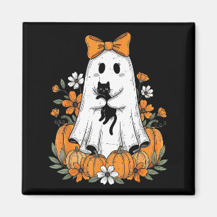 Aimant Fantôme mignon rétro d'Halloween tenant une flore